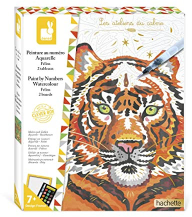 Janod - Coffret Peinture Par Numéro Félins - 2 Tableaux - Peinture Aquarelle - Les Ateliers du Calme - 7 Ans, J07954