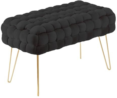 Zedelmaier Moderner Velvet SitzBank, Quadratisch Ottoman-Fußhockermit goldfarbenen Metallbeinen, Gepolsterte SitzBank,Strick Samt Bank (Schwar, 70x38x41.5cm)