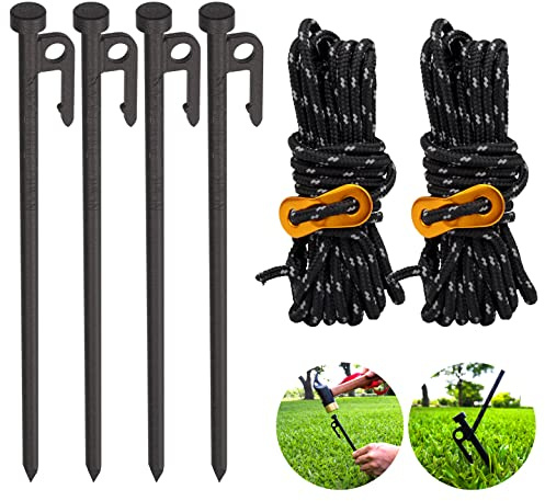 Heavy Duty Tent Stake 12 Inch 4 Pack with Camp Rope Guy Lines, Yard Stakes for Canopy, Camping Stakes for Ground, Tent Pegs Thickened Reinforced Nail Heads
