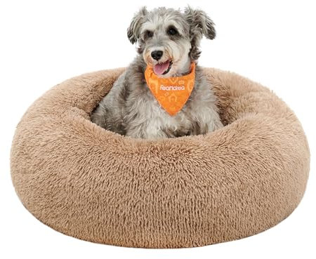 Feandrea Hundebett flauschig, Katzenbett, Donut Kissen, waschbar, Polsterung in der Mitte herausnehmbar, Langer Plüsch, 70 cm Durchmesser, Kamelbraun PGW039K01