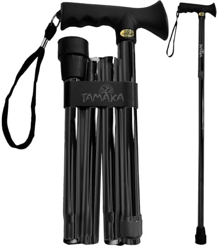 TAMAKA® Premium Gehstock, weicher Griff, 4-teilig, faltbar, verstellbar, Aluminium, metallisch, kompakt, für Herren, Damen und Damen, 85,1 cm – 95,2 cm, Schwarz