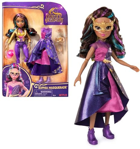 Unicorn Academy Deluxe Ankleidepuppe Maskenball - Sophia, Originalpuppe zur beliebten Netflix-Serie, 24 cm groß, mit 2 Outfits und Accessoires, für Kinder ab 4 Jahren