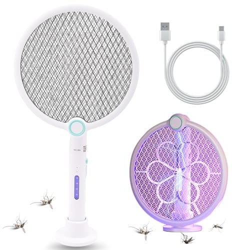 TAKUZA® Elektrische Fliegenklatsche Extra Stark 4000V, 2 in 1 USB Faltbar Fliegenklatsche Elektrisch mit 1200mAh Wiederaufladbarem Akku, LED-Licht, mit UV Lichtfalle, 3-Lagiges Schutznetz, Weiß