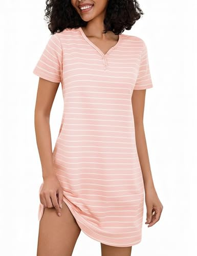 Bresdk Chemise de Nuit Femme Manche Courte Chemises de Nuit Coton Boutonnée à Col V Ete Robe Chemise Chic et Élégant