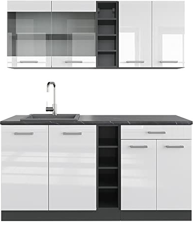 Vicco Singleküche R-Line, Weiß Hochglanz/Anthrazit, 160 cm, AP Anthrazit, zur individuellen Erweiterung mit zusätzlichen Modulen geeignet