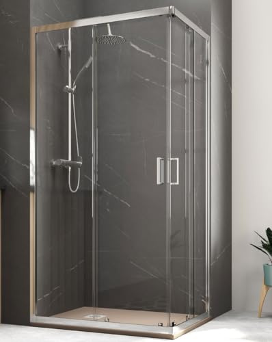 Mampara Ducha Rectangular Angular Corredera 2 Puertas 2 Fijos | Cristal 5mm Antical Transparente | Perfil Cromo 120cm (Adaptable 116,5-118,5cm) X 70cm
