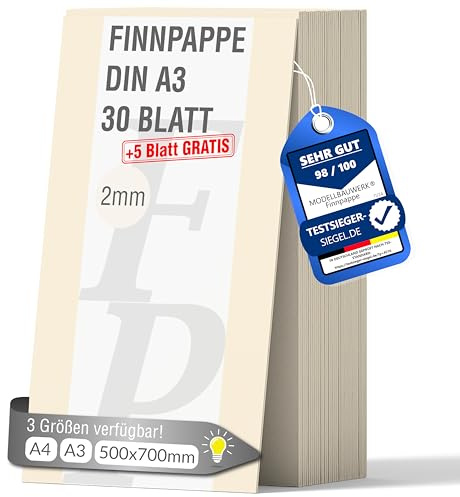 30 + 5 ark gratis finkartong DIN A3 | 2 mm tjocklek | modellbyggverk® | för modellbygge och hantverk | arkitektur | studium | Diorama | finsk träkartong | skannkartong | scrapbook | kartong | Var