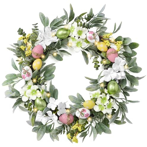 Valery Madelyn Ghirlanda di uova di Pasqua pieghevole, decorazione per porta d'ingresso con luci, ghirlanda floreale artificiale primaverile con orecchie di agnello foglie per la casa, per interni ed