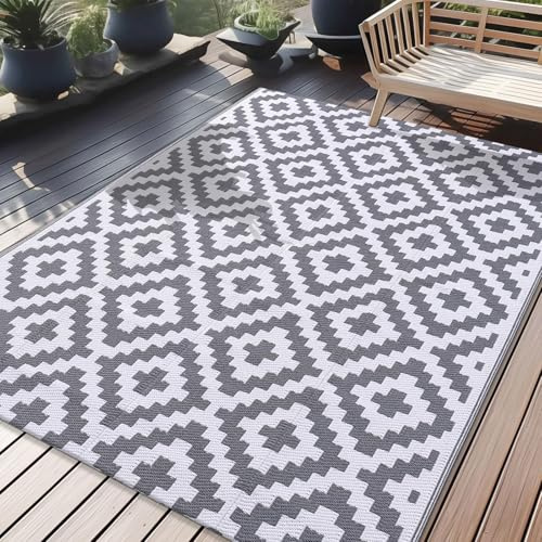 Homaxy Outdoor Teppich Wetterfest, Kunststoff Stroh UV-beständig Wendbar Faltbar Waschbar Balkon Garten Teppich für Terrasse Camping Picknick (150 x 240 cm, Grau & Weiß)