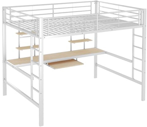 Azkoeesy Cama Alta de 140 x 200 cm con Escritorio, 4 estantes para Libros, Bandeja para Teclado y 2 escaleras Laterales, Cama Doble, para Adolescentes y Adultos, de Metal, Color Blanco