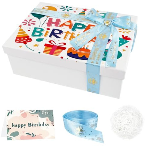 Geschenkbox Mit Deckel Geburtstag Kinder, Happy Birthday Geschenkboxen Mit Deckel, Gift Box Empty 25 x 18 x 8,5cm Geschenke Box Leer, Geschenkbox Weiß mit Schleife, Grußkarte, Geschreddertes Papier