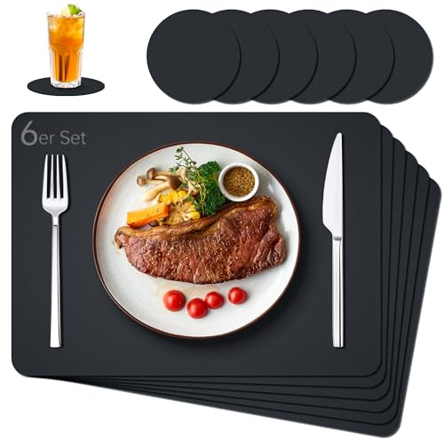 IKWOLETI Tischsets Abwaschbar mit Untersetzer - 6er Set Platzsets Abwaschbar aus Kunstleder - Doppelseitige Platzdeckchen in Lederoptik - Ideal für Küche und Büro Schwarz