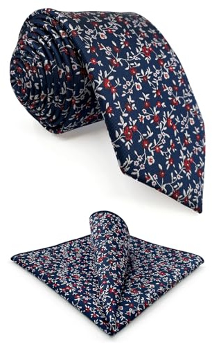 S&W SHLAX&WING Set de Corbata y Pañuelo de Bolsillo Floral Azul Blanco Rojo para Hombre 147cm