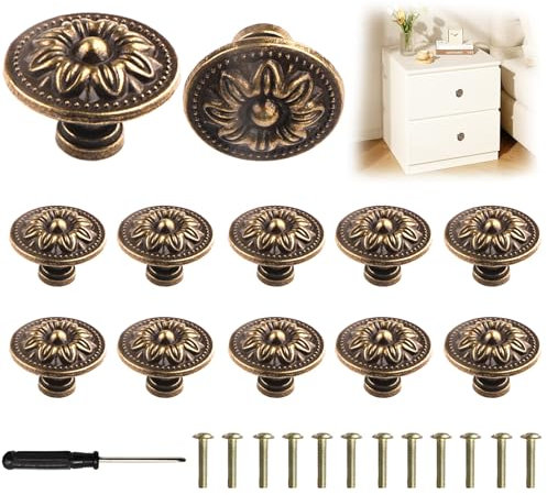 YnewL 12 Stück Möbelgriffe Vintage, 30mm Runde Möbelknöpfe mit Schrauben Schraubendreher, Blumenmuster Schrankknöpfe-Wird für Schränke, Kleiderschränke, Möbel und Hardware-Griffe Verwendet(Bronze