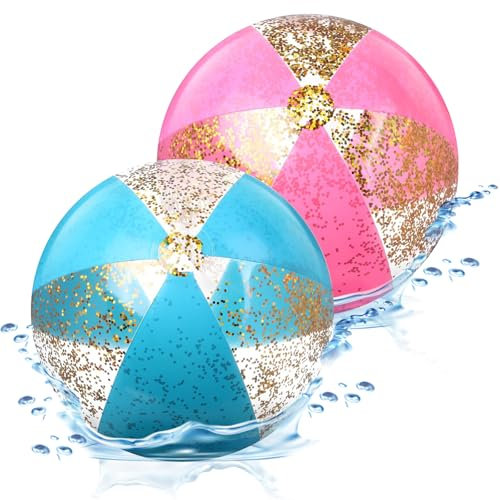 Wasserbälle, 2 PCS Aufblasbare Glitter Wasserbälle, Große Strandbälle, Wasserballon, Wasserball Aufblasbar, Beachball Bälle, Wasserball Glitter, für Schwimmbad-Strand Sommer Wasserspiele (Rosa + Blau)