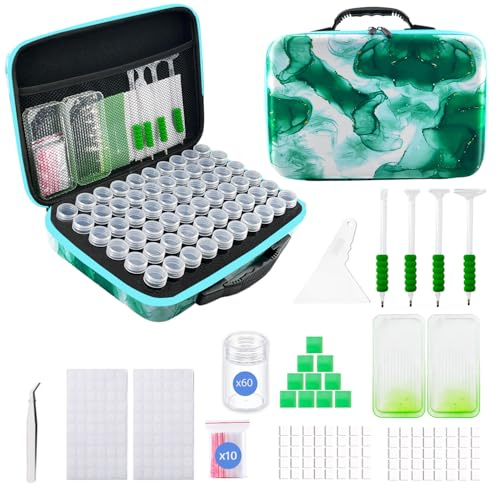 SuSentak Diamond Art Storage Containers with Dot Drill Tools,60 Slots Bead Organizer Case for 5D DIY Art Kits, Portable Craft Box for Diamond Painting Accessories (Green)