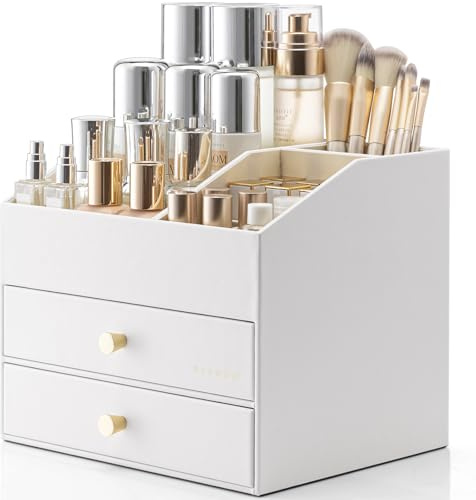 Vlando Makeup Organiser, Makeup Storage with 2 Drawer, Dressing Table Organiser for Lipstick, Jewellery & Skincare Storage, Pure White