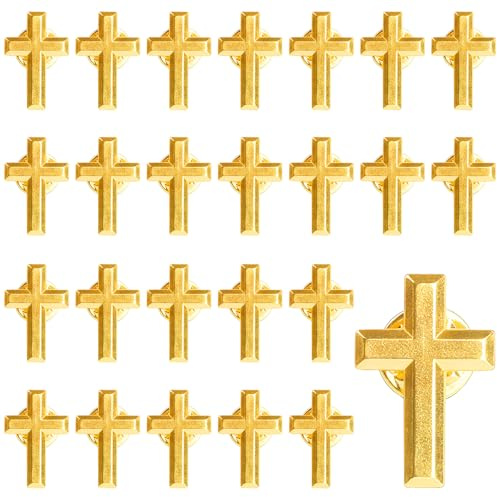 25P Small Cross Lapel Pins, Golden Alloy Religious Christian Chaplain Cross Pin for Funeral Church Prayer, Metal Lapel Pins Bulk (Style-2)