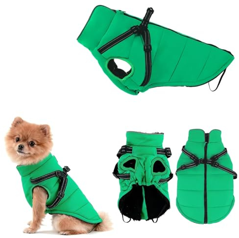 Hundemantel Winter mit Geschirr Einstellbar, ZoneYan Wasserdicht & Warm Hundemantel für Kleine Hunde, Reflektierende Winterjacke, Winddicht Weste für Hund (Grün, S)