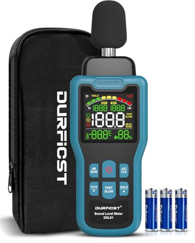Dezibel Messgerät, DURFICST Schallpegelmessgerät mit Temperatur- und Feuchtigkeitsanzeige, 30–130dB, DB Messgerät mit LCD-Farbdisplay, AC-Bewertung, dB/SONE-Einheit, Schnelle/Langsame Ansprechzeit