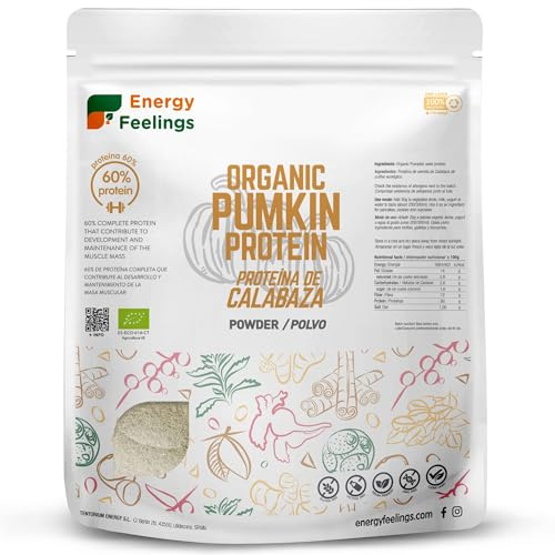 Energy Feelings Proteína de Calabaza ECO - 1000 gr, Ecológico, Vegano y Natural, Apto para Ganar Masa Muscular, Sin Lactosa, Sin Gluten y Sin Azúcar Añadido, Pack XXL