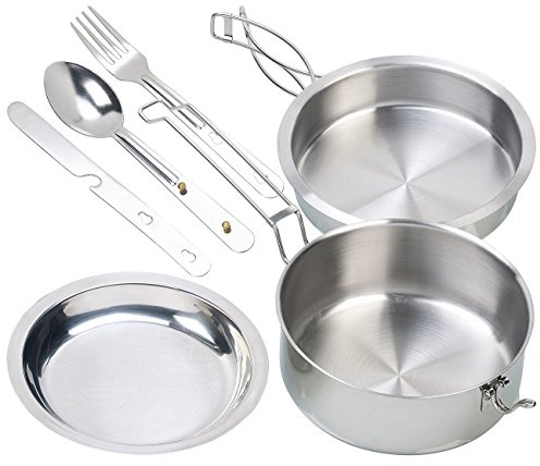 Semptec Urban Survival Technology Camping Kochset: 6-teiliges Edelstahl-Camping-Kochgeschirr-Set mit Besteck (Topf, Kochtopf, Zelt)