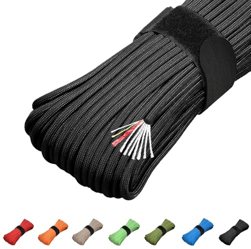 Survival Paracord 550 Fire Paracord Survivor Cord Nlyon Rope 10 Strands US Military Type III 550 Tactical Paracord Parachute Cord with Integrated Fishing Line, Fire-Starter Tinder 4 in 1(Black)
