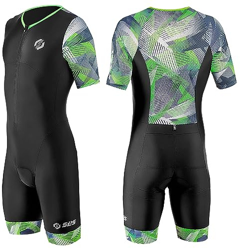 SLS3 Triathlon Anzug Herren - Trisuit Einteiler – Triathlonanzug - Triathlon Einteiler - Aerodynamischer Kurzarm Trisuit, (Black/Green Geo, S)
