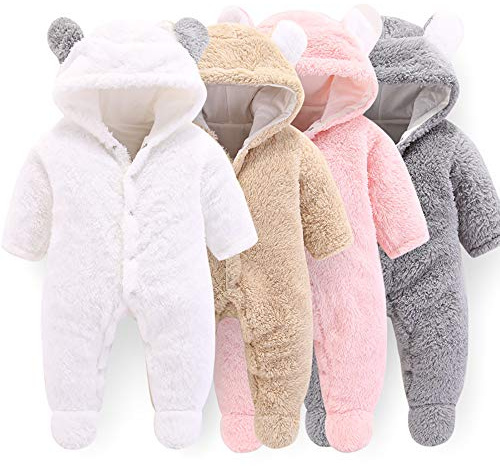 Sparkdräkt med huva för nyfödd baby, snödräkt med tecknad björn, vinterrock, fleece
