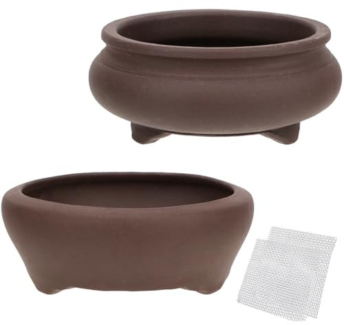 Set di 2 vasi rotondi per bonsai da 9,4 cm + 9,9 cm, in ceramica non smaltata