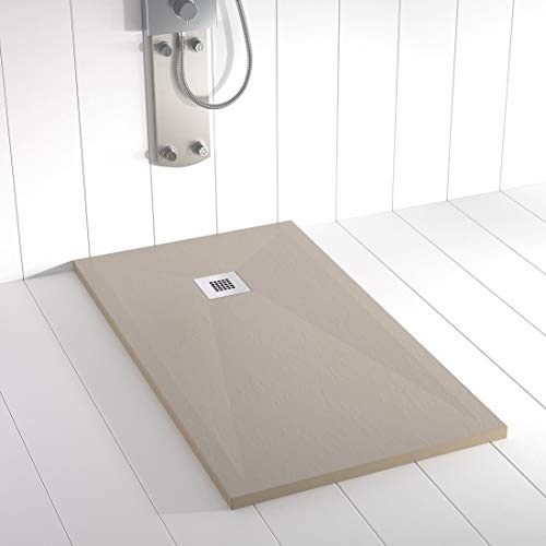 Piatto doccia in resina PLES scarico centrato lato superiore Colore Sabbia 100x80 finitura effetto ardesia antiscivolo, griglia in acciaio inox e piletta