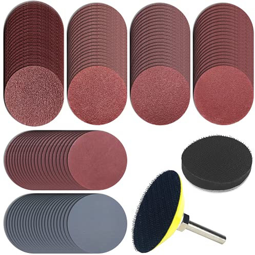 120Pcs Sanding Disc 2 Inch/50 mm Hook and Loop Grit 100/180/240/400/1500/3000 Sanding Pads with 1/4 Shank Backing Plate,Round Orbital Sander Discs Sandpaper for Polishing Wood, Metal, Jewelry, Car