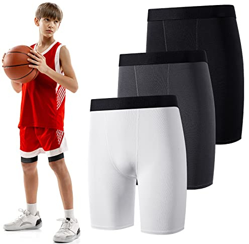 Hoolerry 3 Pcs Youth Boys Compression Shorts Athletic Underwear Sports Performance Boxer Briefs Spandex Underwear for Running (Black, White, Gray,Medium)