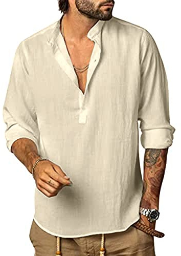YAOHUOLE Men's Cotton Linen Henley Shirt Long Sleeve Hippie Casual Beach T Shirts Solid Khaki M