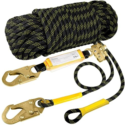 TRSMIMA Rope Harness Safety Lanyard：25ft Vertical Roofing Rope with Grab Snap Hooks Shock Absorber - Fall Protection Tree Climbing Line Kit Heavy Duty Roof Safety Equipment ANSI CE