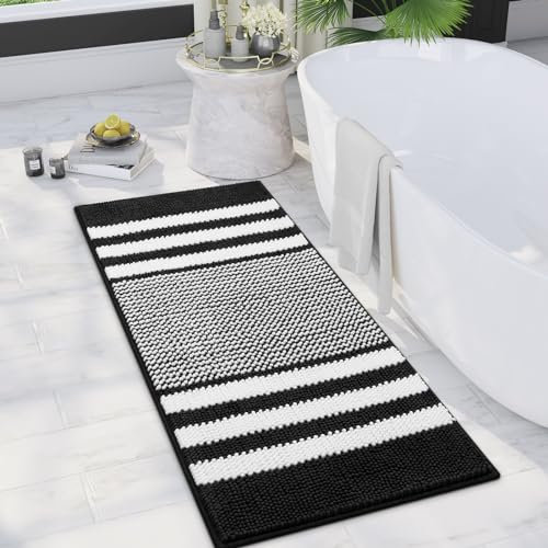 Biscpro Badematte 50 x 120 cm, rutschfest und Waschbar Chenille Badezimmerteppich, Badteppich Weicher Saugfähige Duschvorleger für Badezimme, Badewanne und Toilette, (Schwarz)