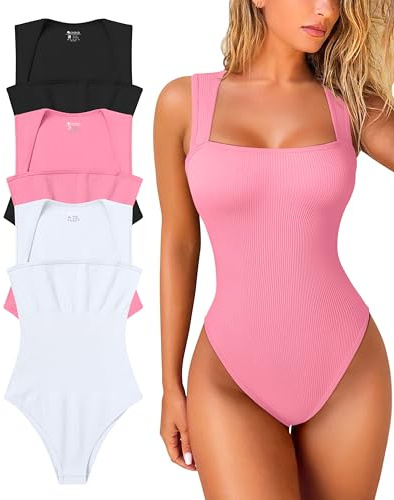 OQQ Women's 3 Piece Bodysuits Sexy Ribbed Strappy Square Neck Sleeveless Tummy Control Tank Tops Bodysuits Black White Candypink