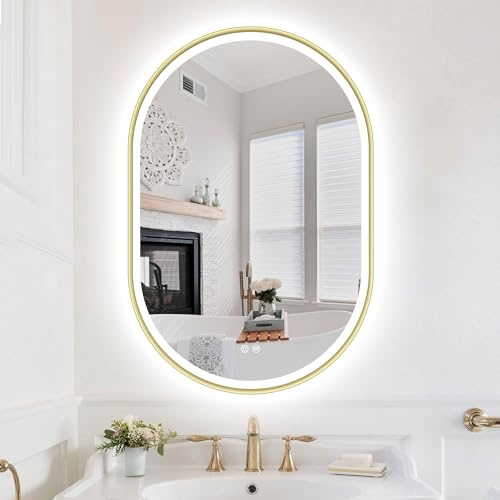 S'bagno Espejo Baño con Luz Ovalado 60x90 cm, Espejos de Baño con Led con Marco de Aluminio, Anti-Vaho, 3000-6500K, Función de Memoria, IP44 Espejo Baño Led, Horizontal/Vertical, Dorado
