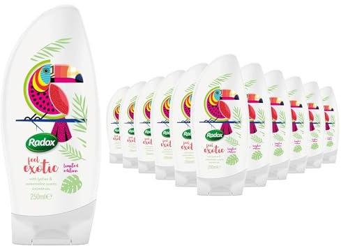 Radox Feel Exotic Limited Edition Shower Gel with Tropical Scent of Lynchee and Watermelon to feel Delightfully Fragrant 250ml, Bulk Buy 12 Pack