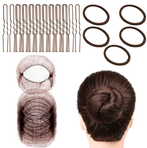 Bettinay 85PCS Brown Hair Bun Net Kit, 40 Invisible Ballet Hair Nets for Buns Kids with 40 U Shaped Pins and 5 Rubber Bands