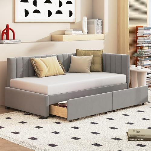 Goeria Letto imbottito per divano letto, 90 x 200 cm, rete a doghe e 2 grandi cassetti, tessuto in velluto delicato sulla pelle (grigio/con cassetti)