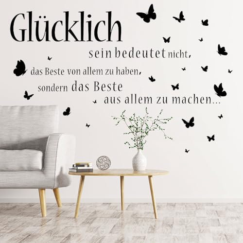 Wandtattoo Wohnzimmer Sprüch, Glücklich Inspirierende Wandsticker Wohnzimmer Modern, Schmetterlinge Wandaufkleber Schwarze für Wohnzimmer Schlafzimmer Vorraum Flur Fenster Wanddeko (90 x 30 cm)