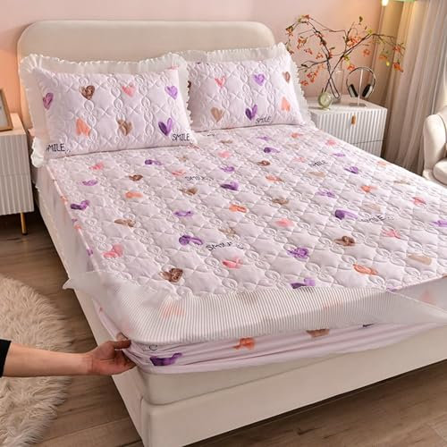 KnSam Betttuch 120x200cm Protection, Herz Muster Spannbettlaken Wasserbett Gedruckt Spitze Schlafkomfort, Baumwolle Spannbettuch Laken für Boxspringbett & Wasserbett