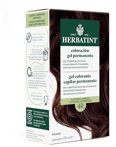 Herbatint Gel de Coloración Permanente para Cabello 4R Castaño Cobrizo - 170 ml | Sin Amoníaco, Cobertura Óptima de Canas | Fórmula Vegana, con 8 Extractos Vegetales Orgánicos