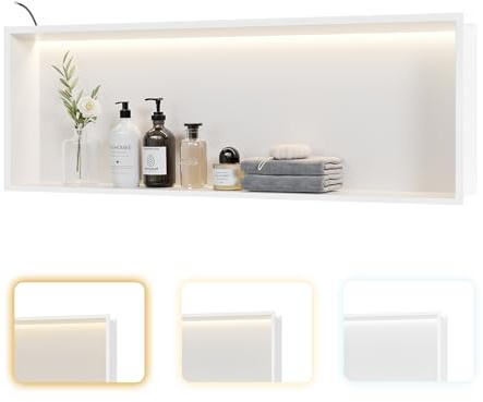 Neohomee Wall Recess Shower Stainless Steel with LED Lighting, Shower Niche White Single Shelf Recessed Recess with Colour Temperature Setting Storage for Bathroom 90 x 30 cm