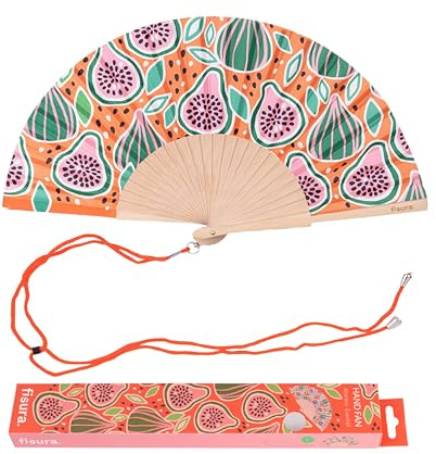 Fisura – Abanico original con estampado de higos. Abanico de madera moderno y colorido. Ventilador de mano naranja. Colgador incluido. Medidas: 42,5 x 23 cm