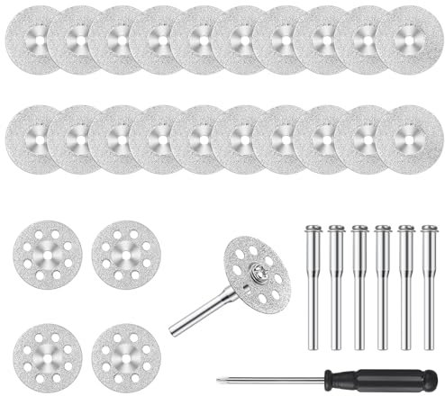 MirraSwit 24 Stück Mini Gelochte Trennscheiben Diamant, Metall Diamantscheibe für Dremel, Fliesen Trennscheibe, mit 38 mm Anschlusswelle, Schraubschrauber für Rotationswerkzeug, Fliese, Glas, Stein