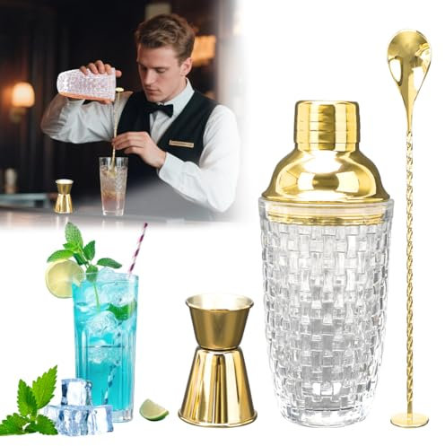 Coctelera de acero inoxidable, tapa de acero inoxidable, colador integrado, coctelera para cócteles, cuchara, 4 piezas (patrón de tejido dorado)