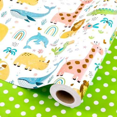 Wikadlik Rotolo di Carta da Regalo Carino per Festa di Nascita - Carta da Regalo a Motivo di Animali Felici della Giungla e Puntini Verdi per Compleanno, Neonato, Ragazzo e Ragazza - 43cm x 10m