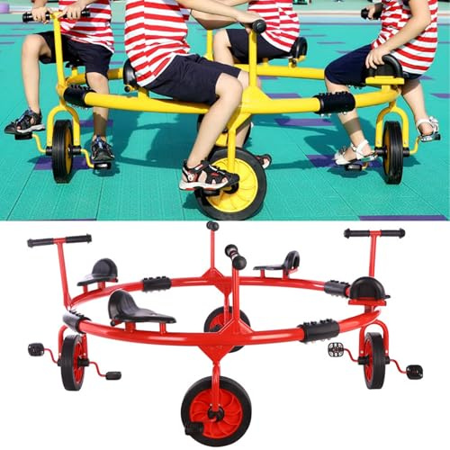 Red,Funny Four People Circular Bicycle Kindergarten Bike Human Power Amusement Park Rotating Seat Amusement Facilities Carousel Entertainment Equipment Strong and Sturdy